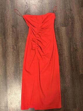 Zara Vibrant Red Ruched Strapless Midi Dress